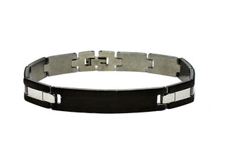 Bracciale Uomo Nero Maglie Rettangolari con riga centrale Silver con Piastrina