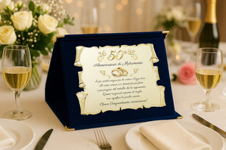 Targa Cinquantesimo Anniversario di Matrimonio | Elegante Regalo 50° Nozze d'Oro | Targhetta Pergamena dorata su cofanetto in velluto (Blu e Dorato, 50)