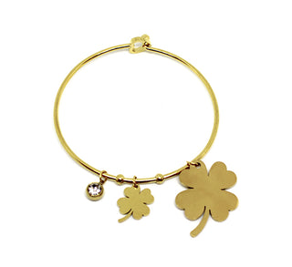 Bracciale Donna Rigido Oro Ciondoli Quadrifoglio e Cristallo con Chiusura a Cuore