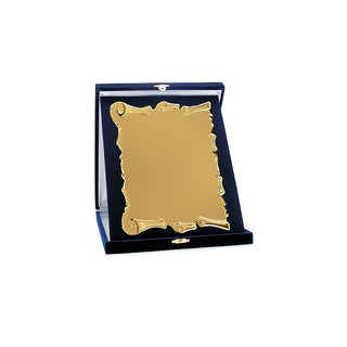 Targa in Alluminio color Oro a pergamena in rilievo con Cofanetto di velluto Blu verticale 26x21