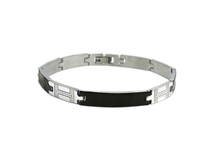 Pulsera de hombre negra y plateada eslabones a rayas con placa