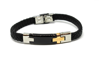 Bracciale Uomo in Pelle Nera con Cuciture a zigzag con Piastrina Nera e dettagli Bronzo e Acciaio