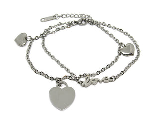 Bracciale Donna Maglia doppia a Catena con Pendenti a forma di Cuore e scritta Love