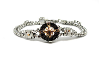 Pulsera de Hombre de Doble Eslabón Redondo con Brújula Central y Anillas Laterales Negras y Doradas