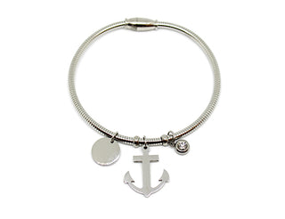 Bracciale Donna Semirigido con Chiusura Magnetica con due Ciondoli Ancora e tondo e Cristallo