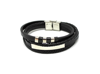 Pulsera Cuádruple para Hombre de Polipiel Negra con Placa y Anillas de Plata