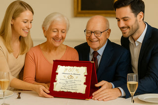 Targa Sessantesimo Anniversario di Matrimonio | Elegante Regalo 60° Nozze di Diamante | Pergamena Dorata e cofanetto blu (Blu e Dorato, 60)