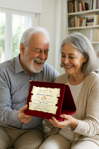 Targa Sessantesimo Anniversario di Matrimonio | Elegante Regalo 60° Nozze di Diamante | Pergamena Dorata e cofanetto blu (Blu e Dorato, 60)