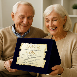 Targa Sessantesimo Anniversario di Matrimonio | Elegante Regalo 60° Nozze di Diamante | Pergamena Dorata e cofanetto blu (Blu e Dorato, 60)