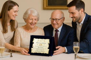 Targa Sessantesimo Anniversario di Matrimonio | Elegante Regalo 60° Nozze di Diamante | Pergamena Dorata e cofanetto blu (Blu e Dorato, 60)
