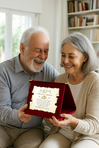 Targa Cinquantesimo Anniversario di Matrimonio | Elegante Regalo 50° Nozze d'Oro | Targhetta Pergamena dorata su cofanetto in velluto (Blu e Dorato, 50)