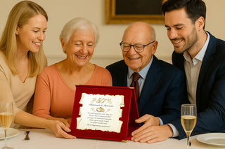 Targa Cinquantesimo Anniversario di Matrimonio | Elegante Regalo 50° Nozze d'Oro | Targhetta Pergamena dorata su cofanetto in velluto (Blu e Dorato, 50)