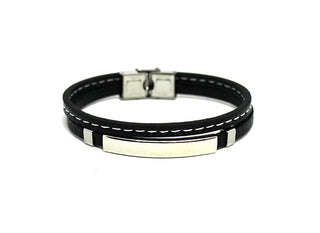 Bracciale Uomo doppio in Ecopelle Nero e Cuciture Bianche con Piastrina centrale Silver