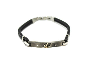 Bracciale Uomo in Ecopelle Nero lavorato con Piastrina antichizzata e Ancora Oro