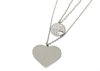 Collar de Mujer de Doble Cadena con Corazón y Colgantes Redondos con Cristales Blancos