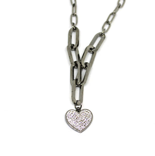 Collana Donna Maglie Rettangolari con Ciondolo a forma di Cuore e Cristalli Bianchi