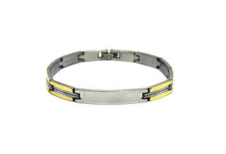 Pulsera de Oro para Hombre con Eslabones Rectangulares con línea central de Plata trabajada con una placa redondeada