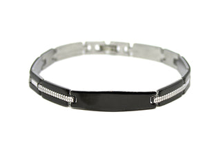 Bracciale Uomo Nero Maglie Rettangolari con riga centrale Silver lavorata con Piastrina stondata
