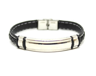 Bracciale Uomo in Cuoio Nero intrecciato con Cuciture Bianche con Piastrina Silver e Anelli laterali Neri e Silver