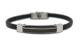 Bracciale Uomo in Cuoio Nero e piastrina in Acciaio con riga orizzontale