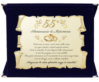 Targa Cinquantacinquesimo Anniversario di Matrimonio | Elegante Regalo 55° Nozze di Smeraldo | Targhetta Pergamena dorata su cofanetto in velluto