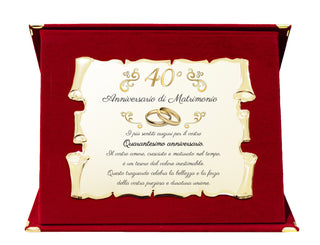 Targa per Quarantesimo Anniversario di Matrimonio | Congratulazioni 40° Anniversario di Nozze | Regalo Nozze di rubino | Pergamena Oro su Cofanetto Blu