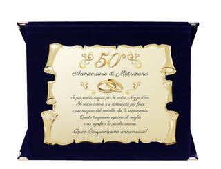 Targa Cinquantesimo Anniversario di Matrimonio | Elegante Regalo 50° Nozze d'Oro | Targhetta Pergamena dorata su cofanetto in velluto (Blu e Dorato, 50)