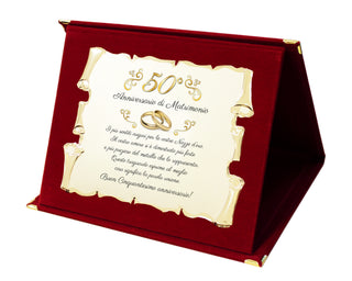 Targa Cinquantesimo Anniversario di Matrimonio | Elegante Regalo 50° Nozze d'Oro | Targhetta Pergamena dorata su cofanetto in velluto (Blu e Dorato, 50)