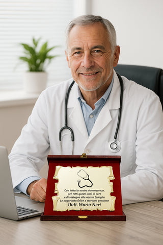 Elegante Targa Commemorativa Personalizzabile | Testo e Foto | Laurea, Pensione, Matrimonio, Anniversario | Personalizzata con dedica e Immagini | (Targhetta Dorata, Cofanetto Deluxe Bordeaux)