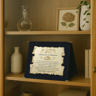 Targa Ventesimo Anniversario di Matrimonio | Elegante Regalo 20° Nozze di Porcellana | Targhetta Pergamena dorata su cofanetto in velluto (Blu e Dorato, 10° Anniversario) (Copia)