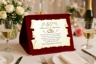Targa Cinquantesimo Anniversario di Matrimonio | Elegante Regalo 50° Nozze d'Oro | Targhetta Pergamena dorata su cofanetto in velluto (Blu e Dorato, 50)