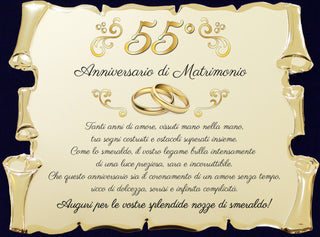 Targa Cinquantacinquesimo Anniversario di Matrimonio | Elegante Regalo 55° Nozze di Smeraldo | Targhetta Pergamena dorata su cofanetto in velluto