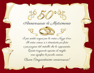 Targa Cinquantesimo Anniversario di Matrimonio | Elegante Regalo 50° Nozze d'Oro | Targhetta Pergamena dorata su cofanetto in velluto (Blu e Dorato, 50)