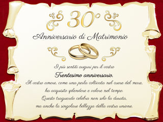 Targa per Trentesimo Anniversario di Matrimonio | Congratulazioni 30° Anniversario di Nozze | Regalo Nozze di perla | Pergamena Oro su Cofanetto Blu