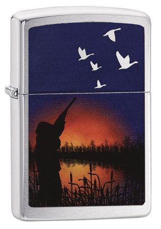 Accendino Zippo Silver con l'immagine di Volatili al Tramonto e Cacciatore