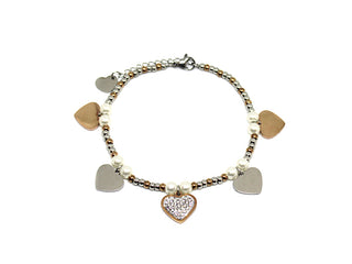 Pulsera de Mujer de Oro Rosa con Malla de Lunares y Perlas con Charms de Corazones y Cristales