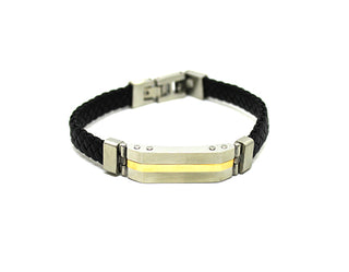 Bracciale Uomo in Ecopelle Nero con Piastrina con riga centrale Oro