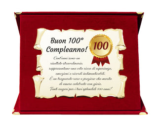 100 Anni - Targa Regalo per Centesimo Compleanno | Coccarda e Dedica su Pergamena e Cofanetto in Velluto 28x21