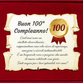 100 Anni - Targa Regalo per Centesimo Compleanno | Coccarda e Dedica su Pergamena e Cofanetto in Velluto 28x21