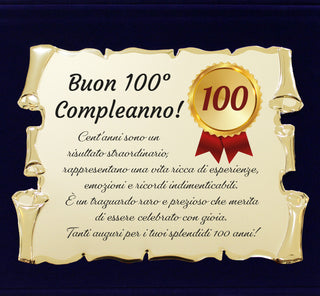100 Anni - Targa Regalo per Centesimo Compleanno | Coccarda e Dedica su Pergamena e Cofanetto in Velluto 28x21