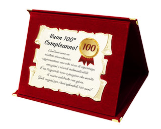 100 Anni - Targa Regalo per Centesimo Compleanno | Coccarda e Dedica su Pergamena e Cofanetto in Velluto 28x21