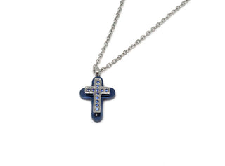 Collana Uomo Maglia a Catena con Ciondolo a forma di Croce Blu in rilievo e Cristalli Blu