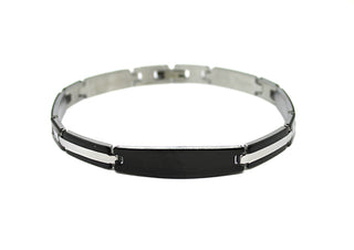 Bracciale Uomo Nero Maglie Rettangolari con striscia Silver con Piastrina stondata