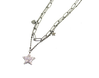 Collar de Mujer de Plata de Doble Eslabón con Cadena Fina y Lunares con Colgante Grande en Forma de Estrella y Cristales Blancos