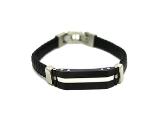 Bracciale Uomo in Ecopelle Nero con Piastrina Nera con riga centrale Silver