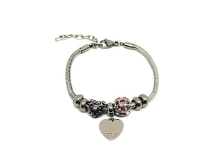 Bracciale Donna Maglia Tonda con Cuore e Cristalli Bianchi e Rosa