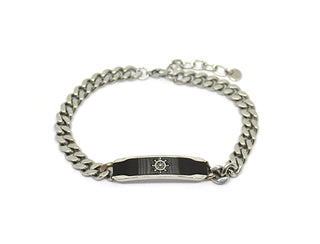 Pulsera para hombre Gourmette de malla con corte de diamante y placa negra y símbolo de timón