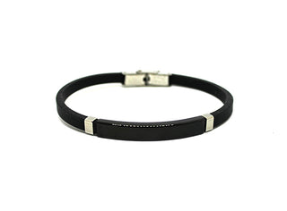 Pulsera de Hombre de Caucho con placa central Negra y anillas laterales de Plata