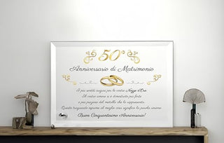 Regalo 50° Anniversario | Grande Targa nozze d'oro | Targa in Cristallo per Cinquantanni di Matrimonio | Omaggio Sposi in Cristallo 22x17cm