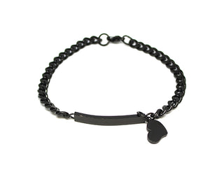 Bracciale Donna Nero Maglia a Catena piatta con Piastrina e Charm Cuore